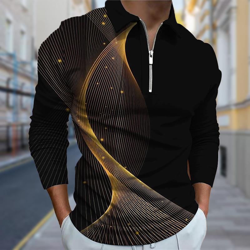3D Custom Clothing Poloshirts Heren Lange Mouw Gedraaide Lijnen Print Nieuw Heren Poloshirt Lange Mouw Rits T-shirt Top L