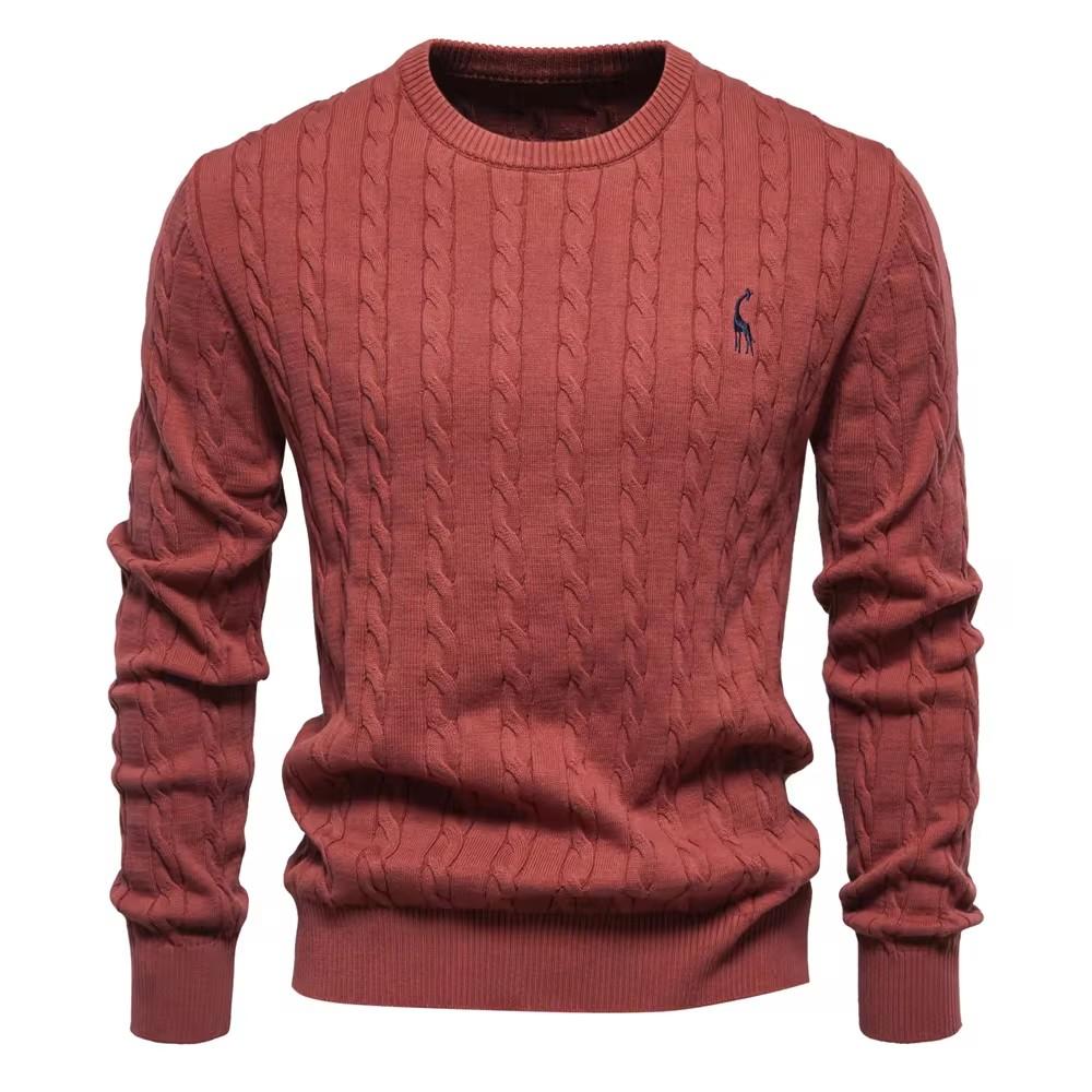 AIOPESON Heren Giraffe Borduurwerk Katoenen Truien Ronde Hals Klassieke Twist Patroon Pullover Gebreide Trui voor Heren M 65-75 kg