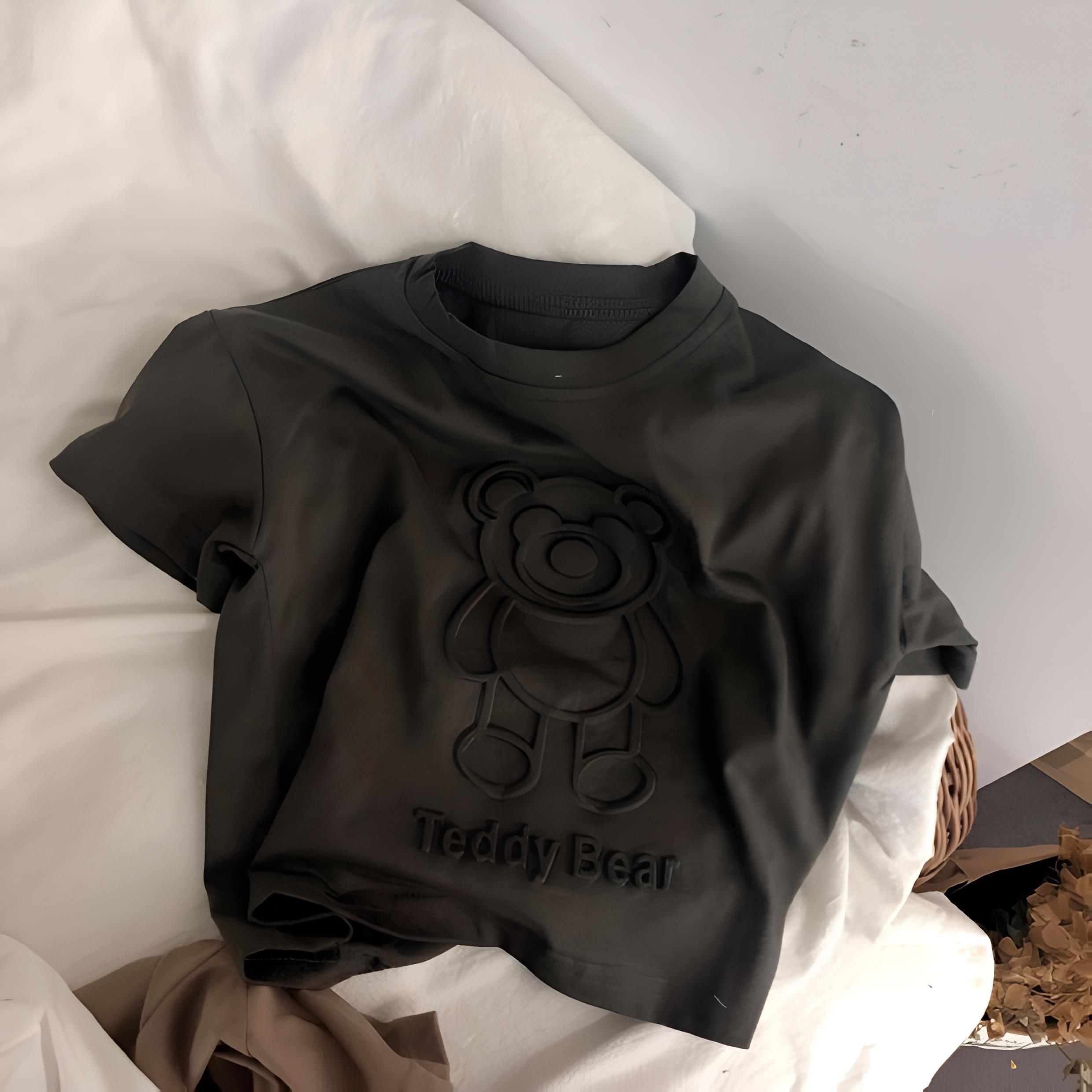 Yoghurt Jongens 3D Beer reliëf katoenen T-shirt - Zacht, kort mouwen top voor kinderen 140cm zwart