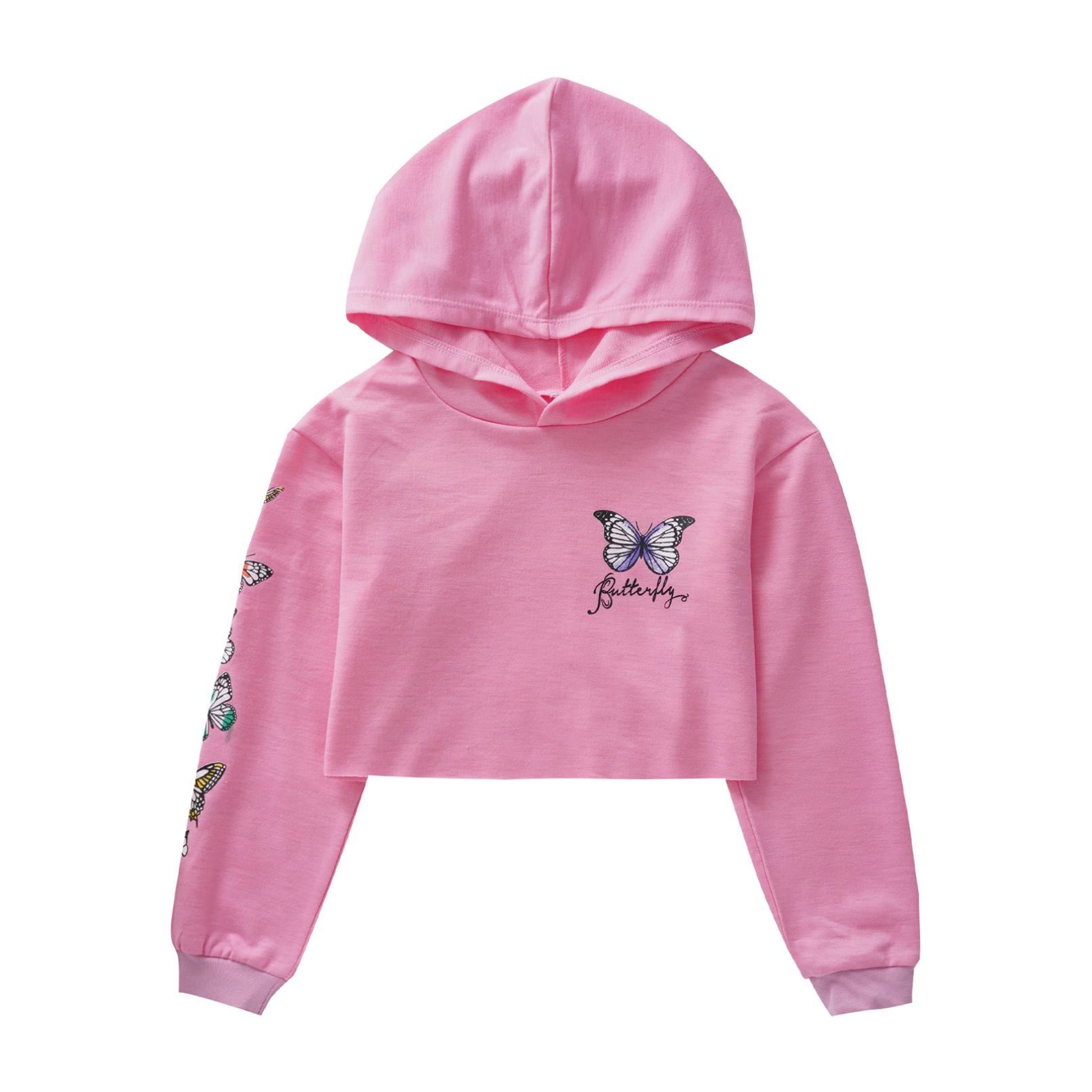 HULIJA Grote meisjes casual sweatshirt met lange mouwen en capuchon, kinderpullover crop tops 11-12 Years roze