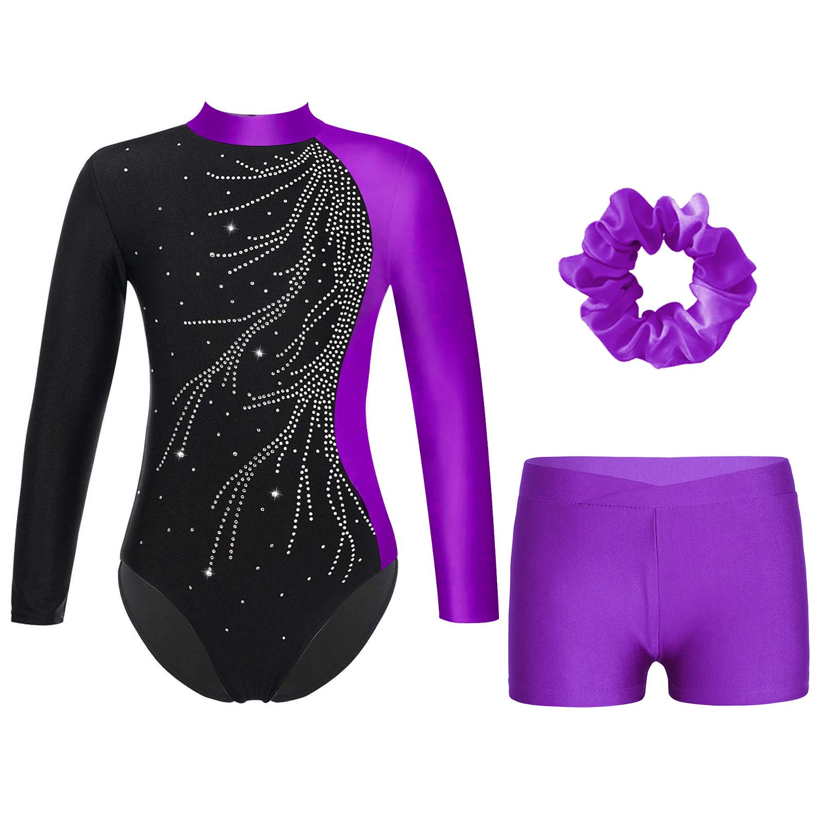 IEFiEL 2 Meisjes Gymnastiek Leotard met Shorts Hoofdband Lange Mouw Glitter Leotard Wedstrijd Danskostuum 5-6 Years paars