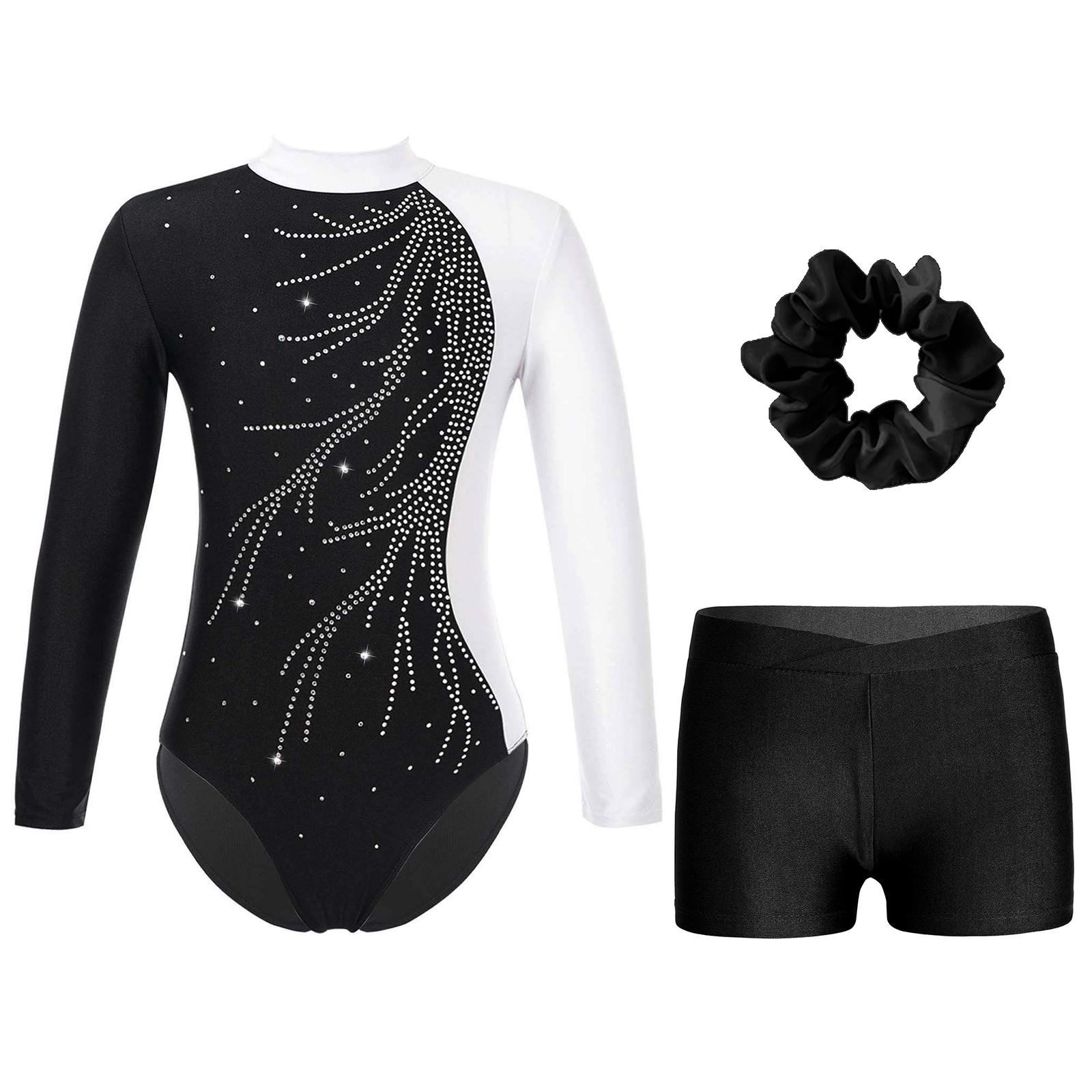 IEFiEL 2 Meisjes Gymnastiek Leotard met Shorts Hoofdband Lange Mouw Glitter Leotard Wedstrijd Danskostuum 9-10 Years zwart/wit