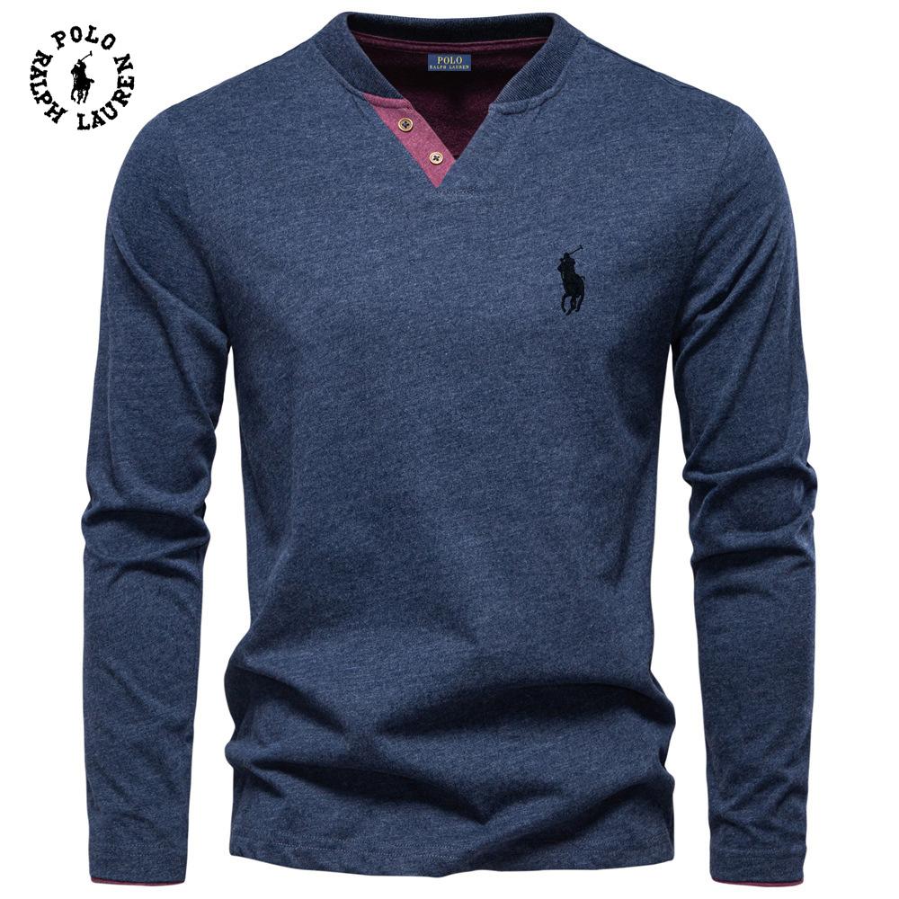 High Street Clothing Polo Ralph Lauren 2025 Autumn New Embroidery Men's Fashion Color Cotton Solid Color Long Sleeve T-shirt V-neck Casual Men's Top T-shirt L