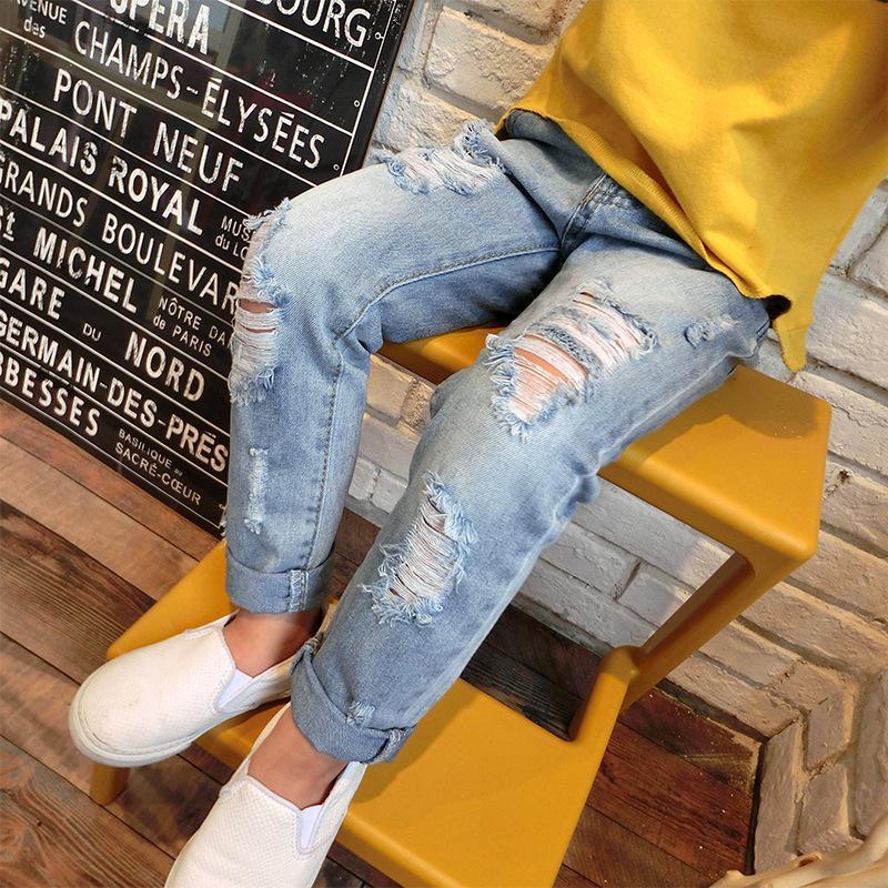 OmniShop Kids' Light Wash Ripped Jeans for Girls and Boys - Trendy Korean Style, Perfect for Spring and Autumn Size 130