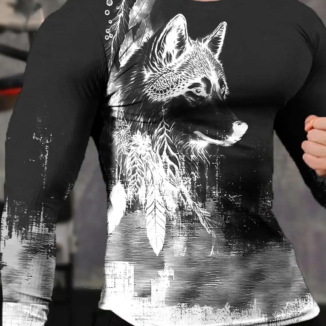 ETST 03 Vintage Heren T-shirt met lange mouwen, 3D-printoverhemden, Mode Dierenwolf Grafische korte mouwen, Oversized streetwear tops, T-shirts 2XL