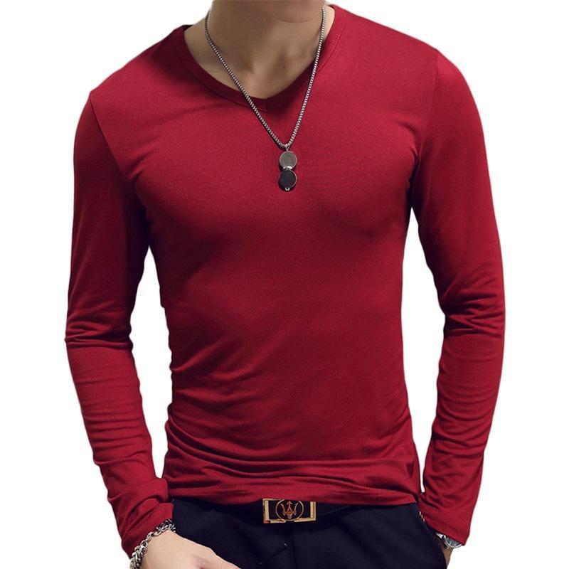 Urbane-TOP Herenkleding 7 kleuren heren casual slim fit effen kleur katoenen T-shirts met lange mouwen en O/V-hals M-O neck
