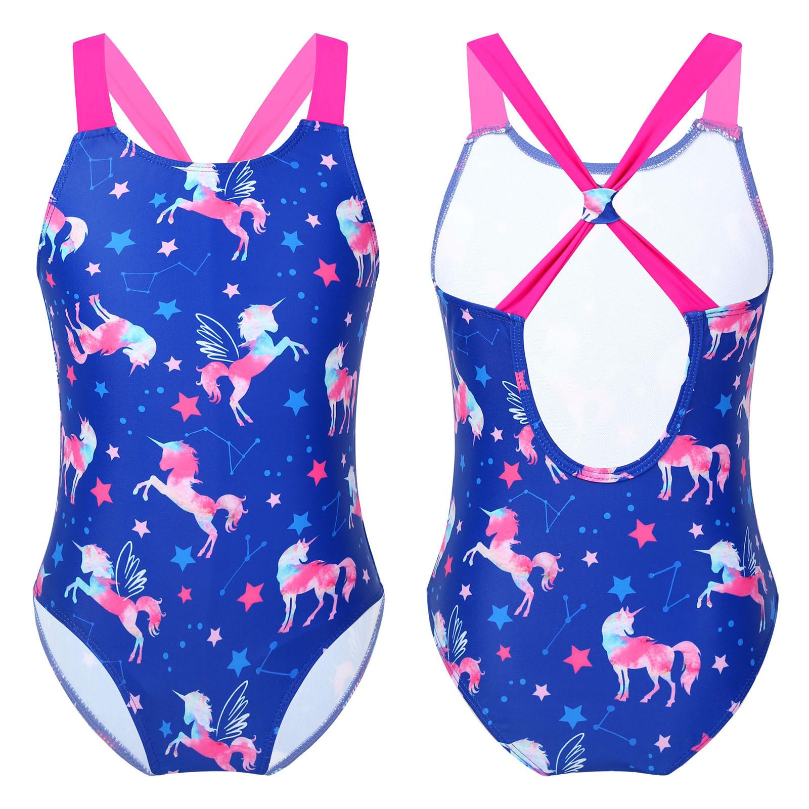 IEFiEL 2 Meisjesbadpak Zomer Braziliaanse strandbadpakken Draag schouderbandjes Eendelige badpakken voor kinderen Meisjesbadkleding 9-10 Years blauw/helder roze