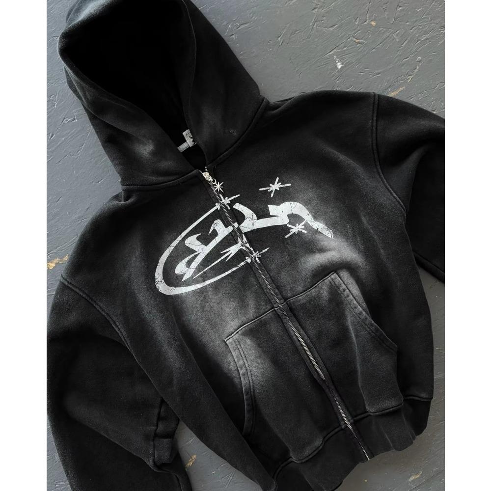 Tinicoo Divin Vintage Washed Zip Hoodie Y2K Jas Heren Rock Hip Hop Patchwork Geborduurd Oversized Hoodie Sweatshirt Lange Mouwen Tops S