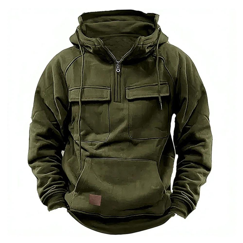 LAKER CC Half rits heren tactische hoodies effen militaire sweatshirts meerdere zakken heren capuchon jassen dikke outdoor polar XXXL groen
