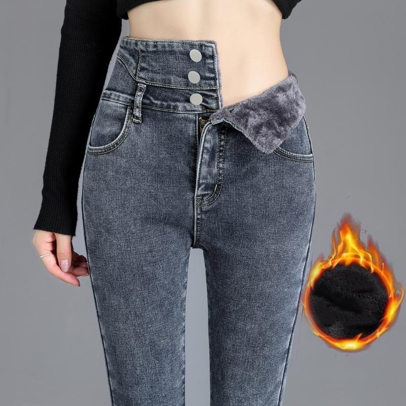 Qingpingjuan Winter Dames Hoge Taille Jeans Dikke Slanke Strakke Broeken Denim Broeken Warme Dames Broeken XL grijs