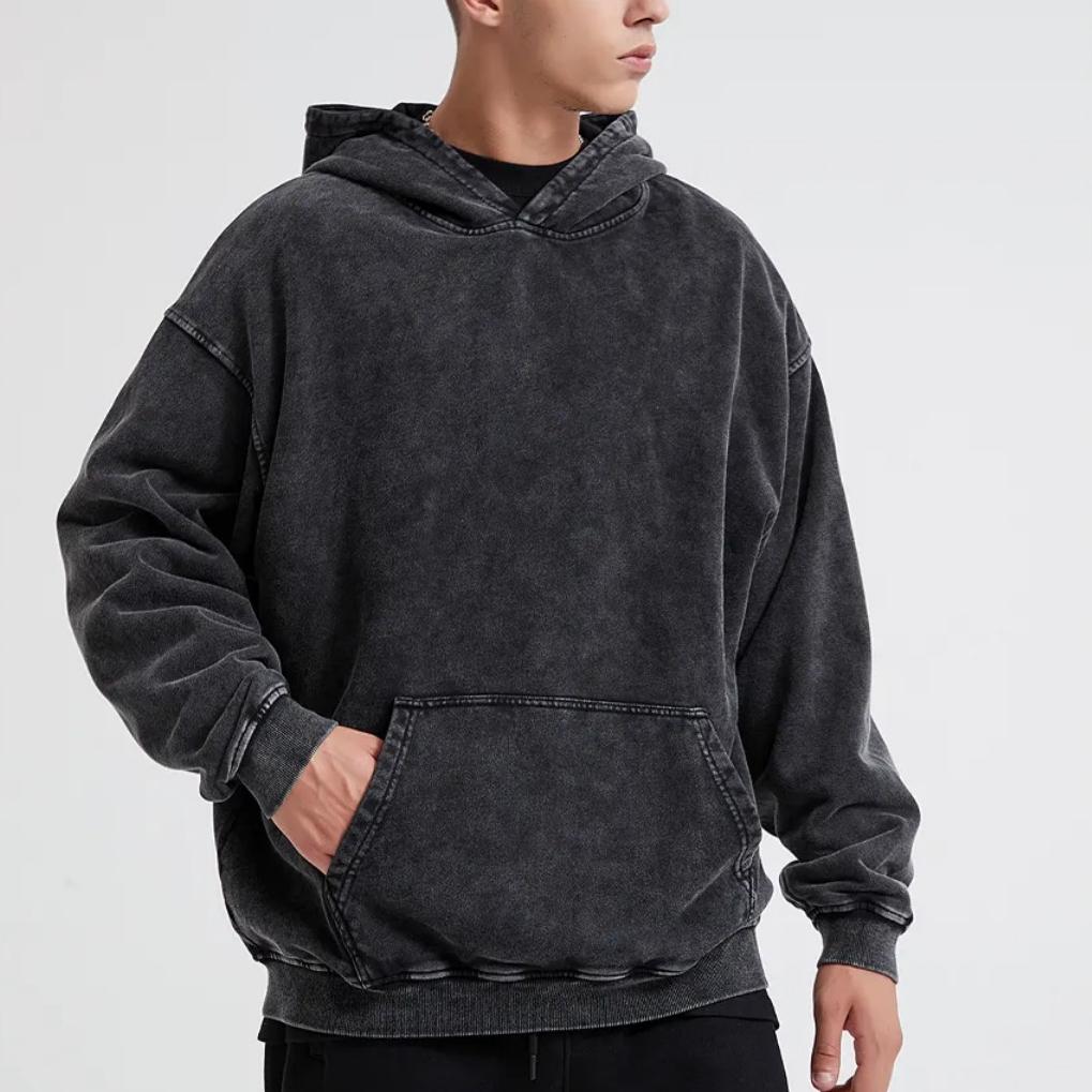 Garbword 100% Katoen Herenkleding Vintage Zwart Acid Wash Hoodies Heren Dames Hip Hop Sweatshirts Casual Truien XXXL zwart