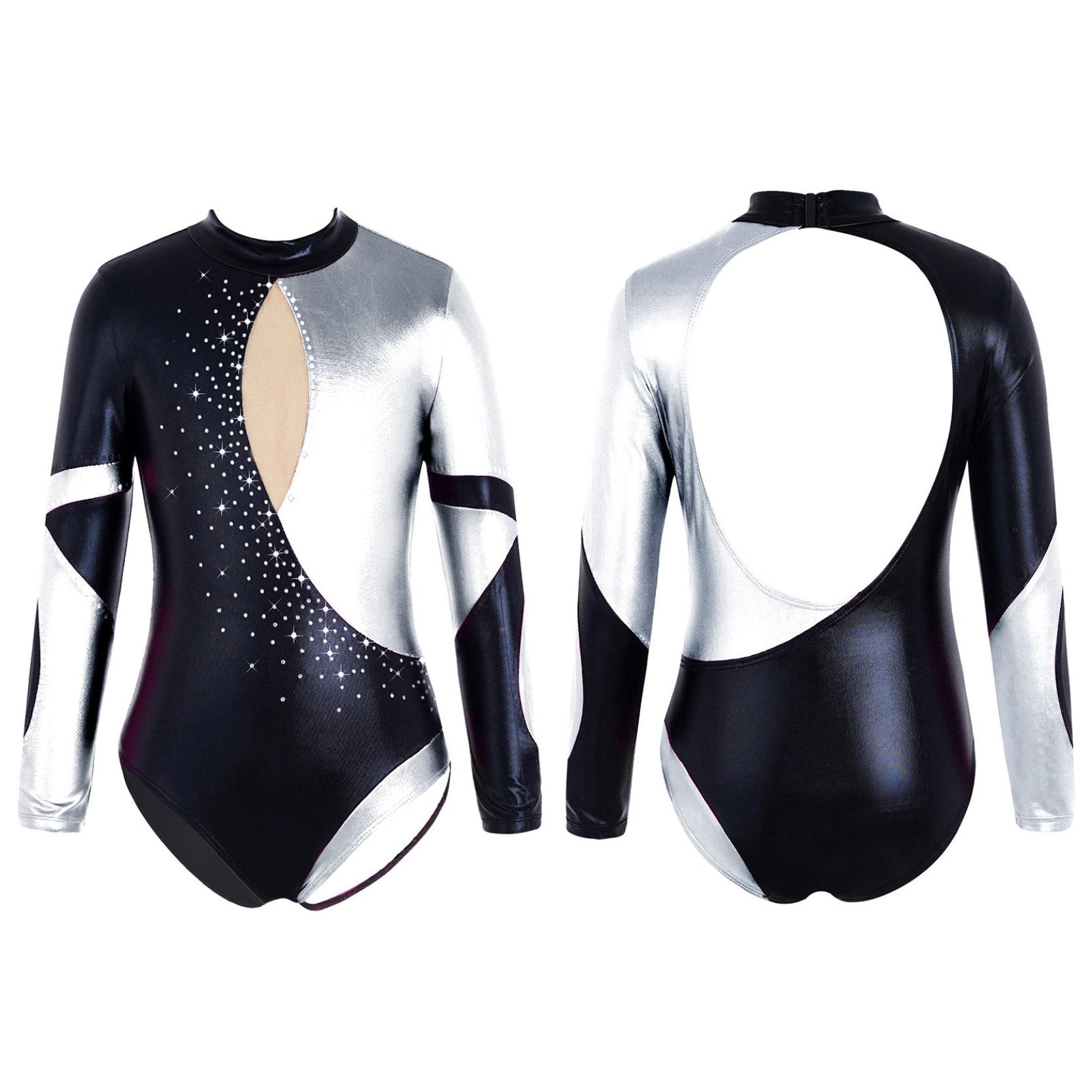 IEFiEL Kinderen Meisjes Colorblock Ronde Hals Glanzende Diamanten Versierd Mesh Patchwork Dans Leotard voor Trainingskleding 8-10 Years zilver