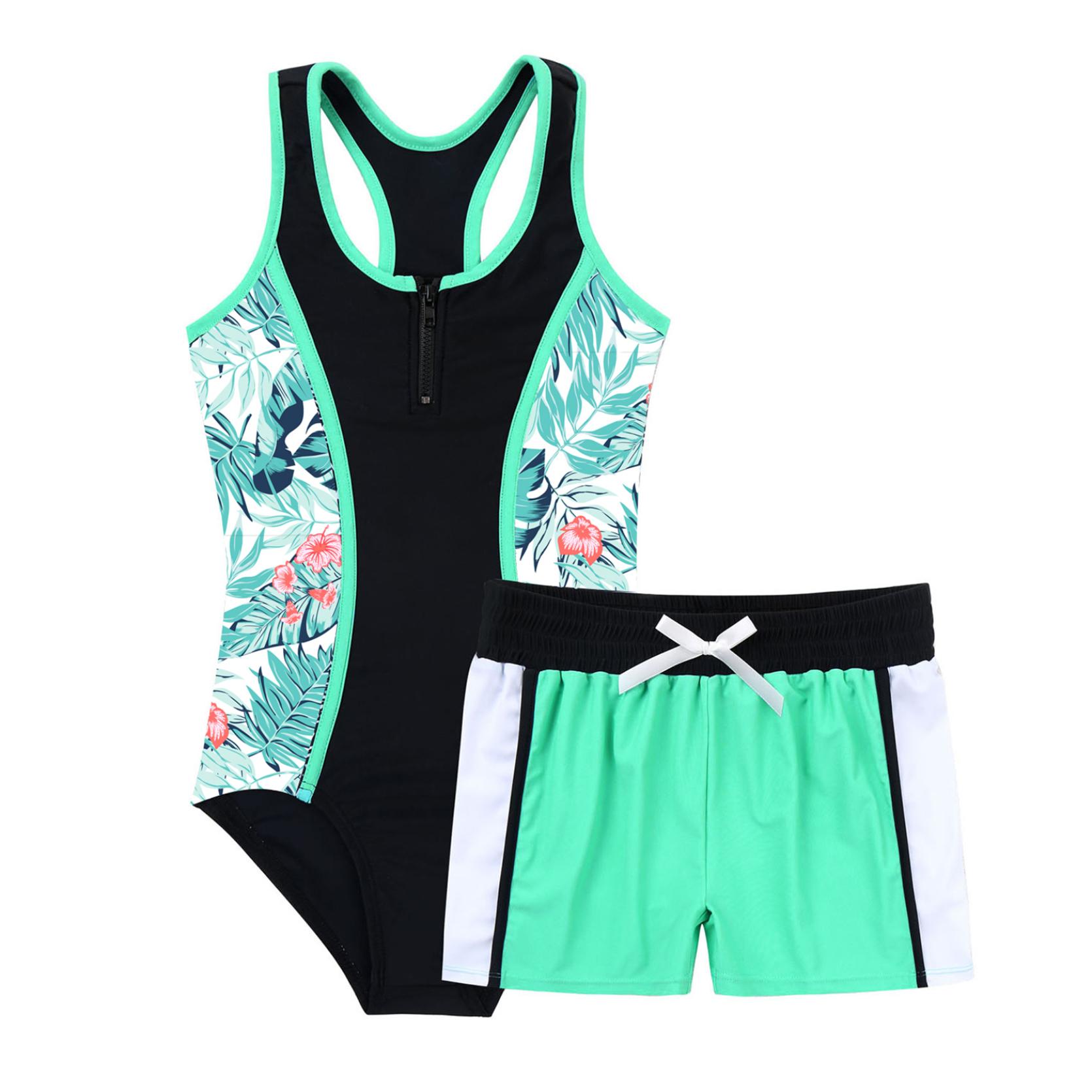 IEFiEL 2 Stuks Kinderen Meisjes Braziliaanse Badpakken Een Stuk Mouwloze Racer Back Jumpsuit En Boyshorts Set Strand Badmode Badpakken 15-16 Years