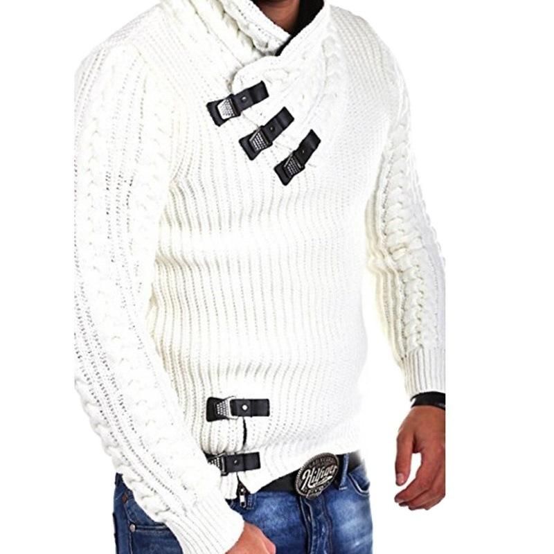 Pro Tool Autumn and Winter Men Twist Pattern Thick Lapel Sweater Pullover Sweater Loose Jacket Leather Buckle Casual Solid Color Base Shirt M wit