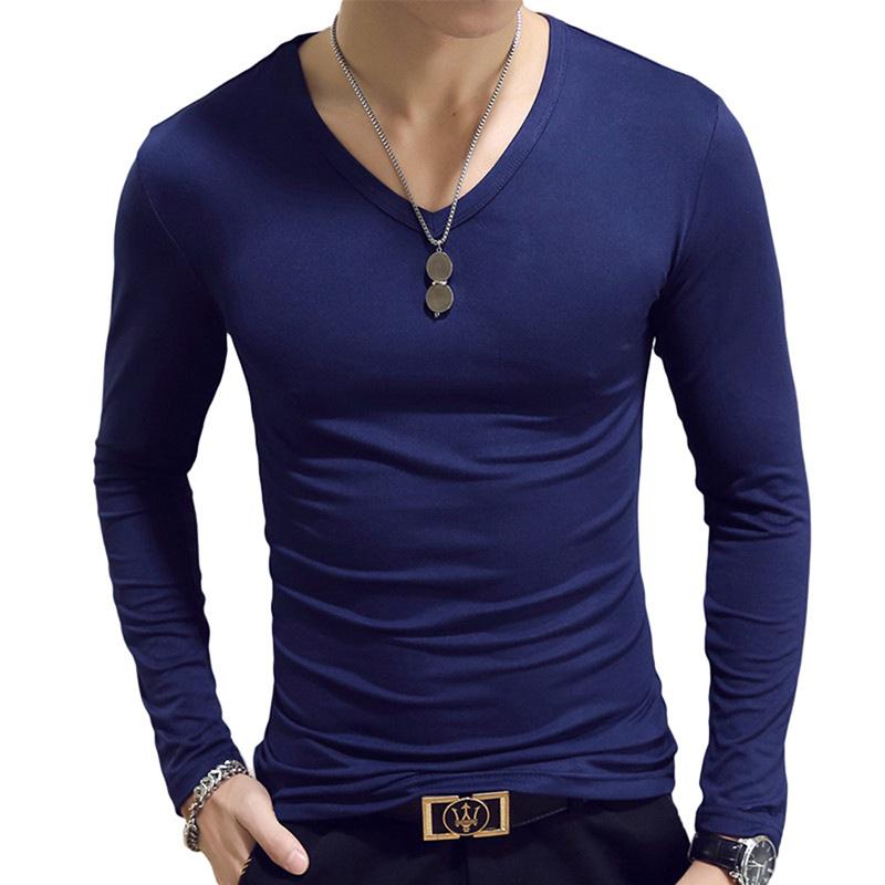 Single 2 Herenkleding 7 kleuren heren casual slim fit effen kleur katoenen T-shirts met lange mouwen en O/V-hals 2XL-V neck