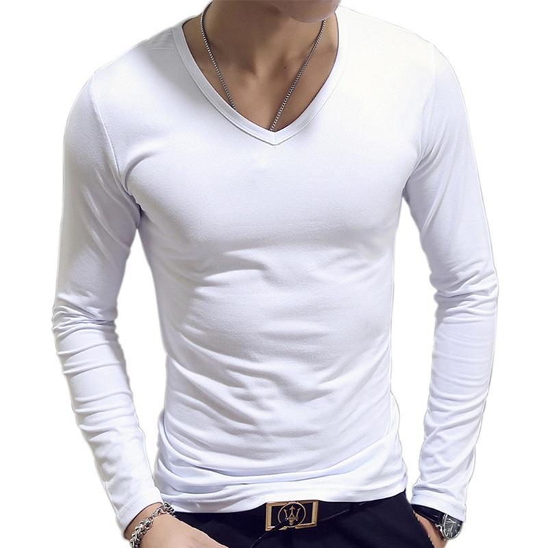 Single 2 Herenkleding 7 kleuren heren casual slim fit effen kleur katoenen T-shirts met lange mouwen en O/V-hals 2XL-V neck