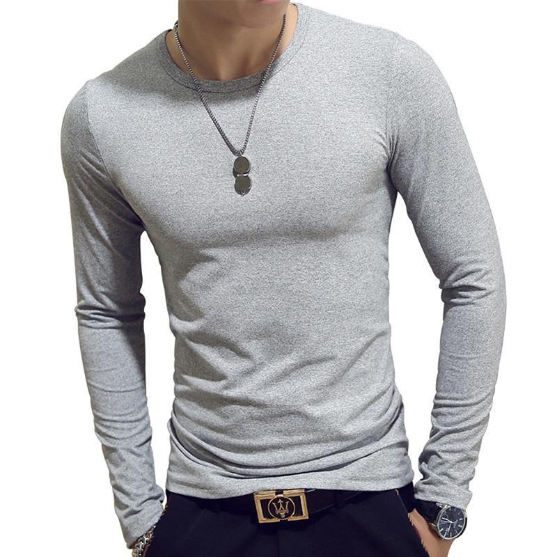 Urbane-TOP Herenkleding 7 kleuren heren casual slim fit effen kleur katoenen T-shirts met lange mouwen en O/V-hals V neck-L
