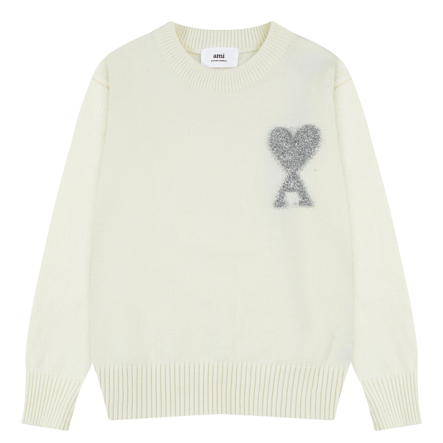 AMI New Autumn and Winter Silver Love Alpaca Wool Blend Soft and Sticky Knit Couple's Round Neck Sweater M