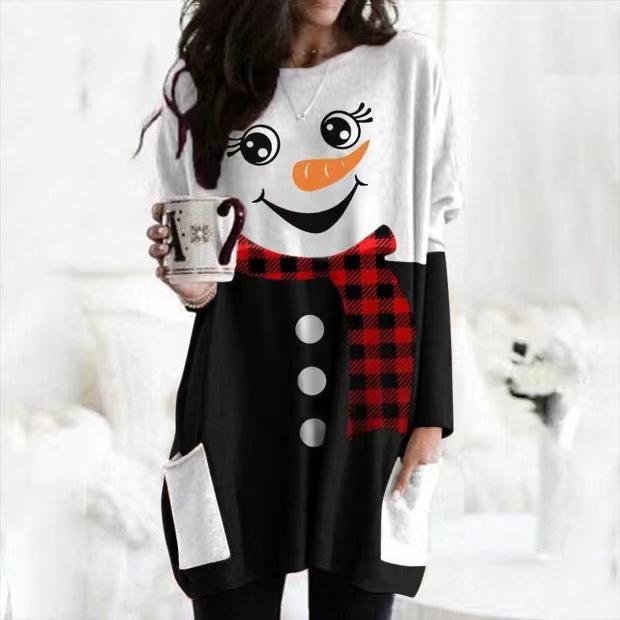 Get one Sneeuwman Print T-shirtjurk met lange mouwen voor herfst/winter 2023 5XL