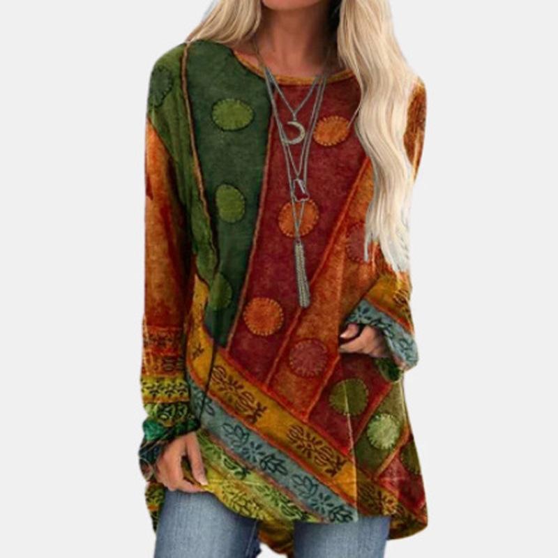 ETST0013 Nieuwe etnische stijl Boho T-shirts Geometrische 3D-print Vrouwen Lange mouw T-shirt Oversized Streetwear Tuniek Tees Tops Vrouwelijke kleding L