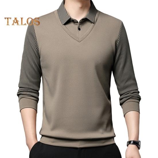 Vogue Wardrobe Heren Herfst Lente Shirt Turn-down Kraag Nep Tweedelige Patchwork Trui Plus Size Gestreepte Knoop Formele Zakelijke Stijl Heren Kantoor Top XL kaki