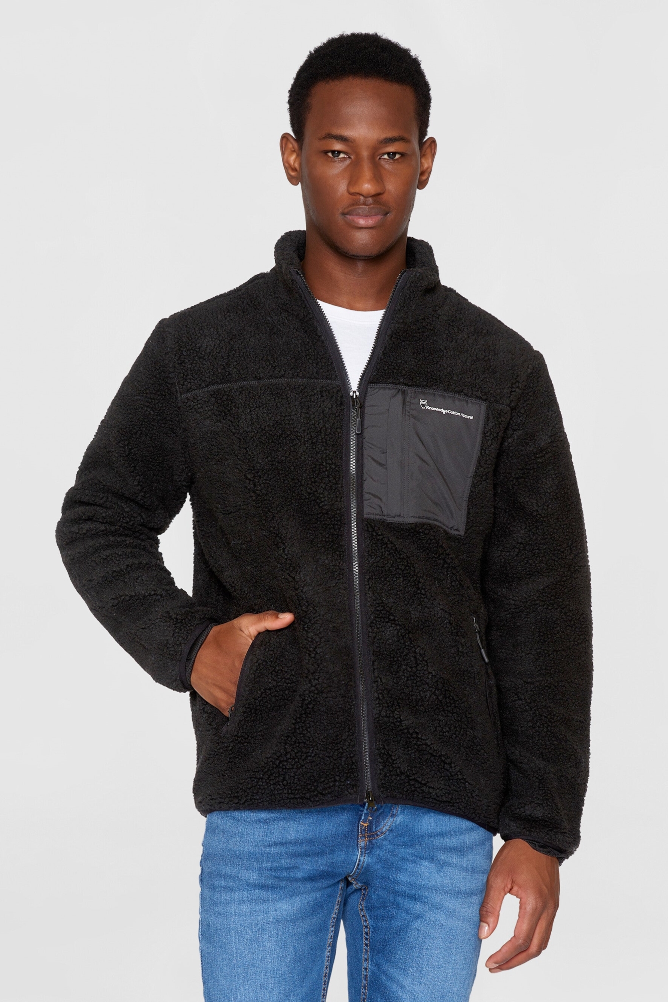 KnowledgeCotton Apparel Herren vegan Zipd Jacke Fleece Teddy Schwarz Jet