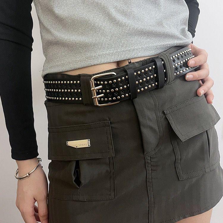 AI Supermarket Star Hollow Rivet Punk Belt - Double Layer Hip Hop Trendy Belt for Girls three rows of rivets zwart