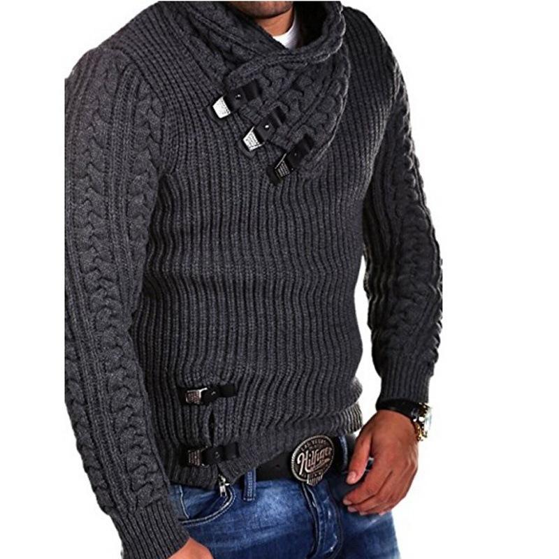 Pro Tool Autumn and Winter Men Twist Pattern Thick Lapel Sweater Pullover Sweater Loose Jacket Leather Buckle Casual Solid Color Base Shirt 3XL donkergrijze kleur