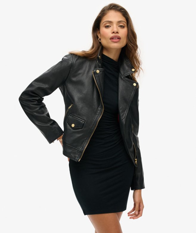 Superdry Leren Bikerjack met Studs Zwart