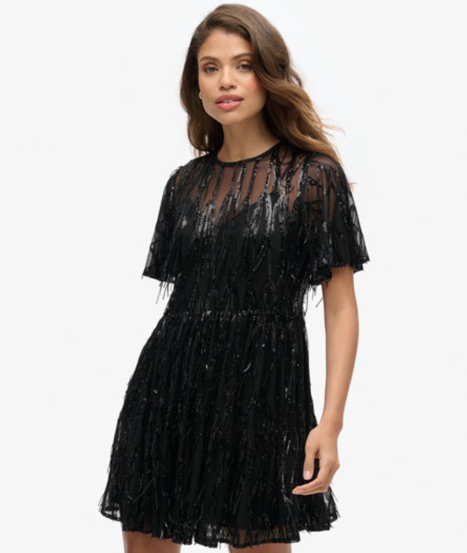 Superdry Volume Gelaagde Mini-jurk met Mesh Zwart