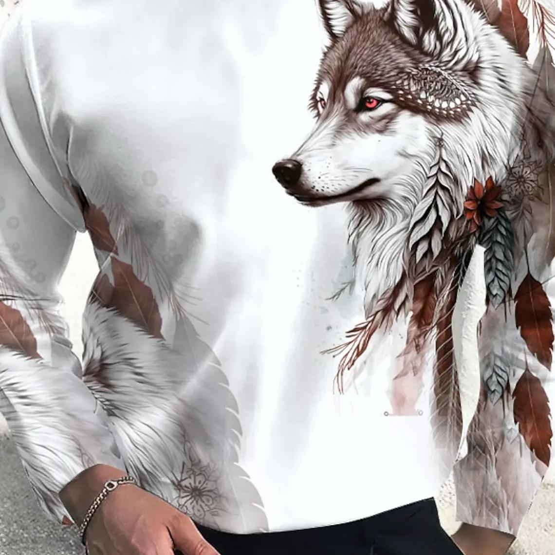ETST 03 Vintage Heren T-shirt met lange mouwen, 3D-printoverhemden, Mode Dierenwolf Grafische korte mouwen, Oversized streetwear tops, T-shirts XL