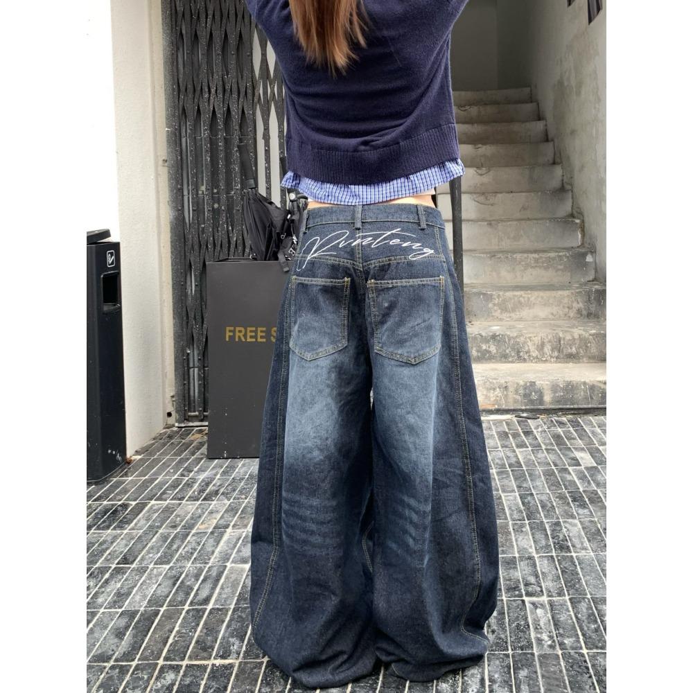 Aura Retro Washed Scimitar Y2K Jeans Damesmode High Street Design Baggy Jeans Veelzijdige Harajuku Wijde Pijpen Vloer-Dweil Broek L blauw