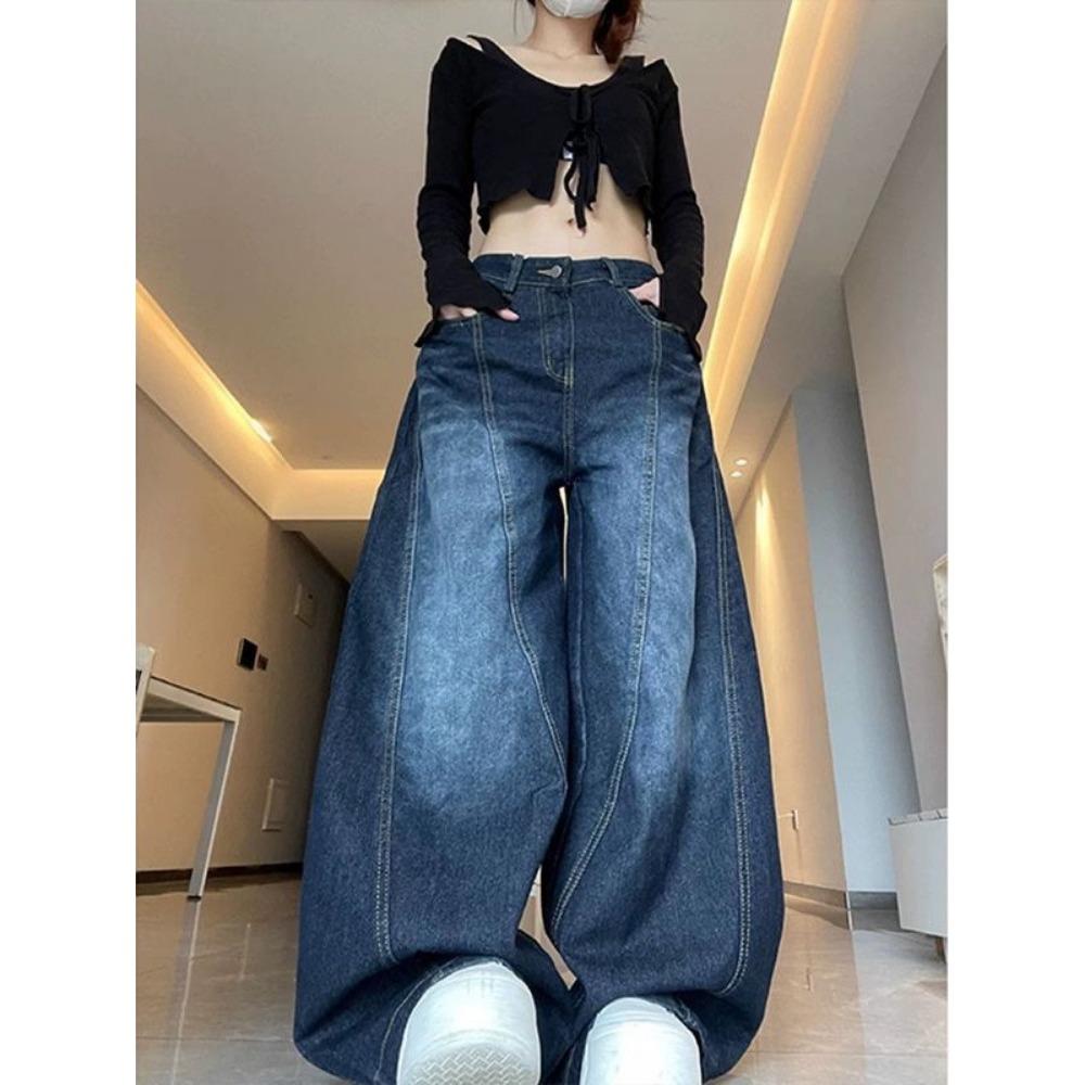RogueWave Dames Jeans Hoge Taille Vintage Design Hip Hop Rechte Baggy Denim Broek Street Y2K Amerikaanse Stijl Wijde Pijp Denim Broek XL blauw