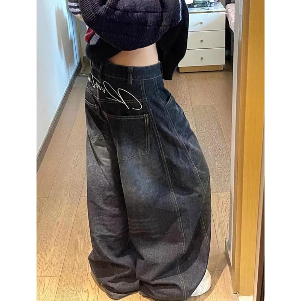 RogueWave Womens Jeans High Waist Vintage Design Hip Hop Straight Baggy Denim Pants Street Y2K American Style Wide Leg Denim Trouser S zwart