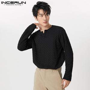 INCERUN Lente Heren V-hals Lange Mouw Textuur Tops Oversized T-shirts XL zwart