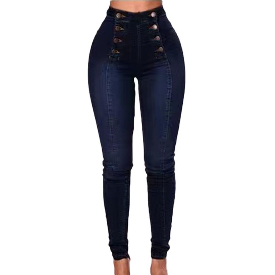 MY OWN STYLE Casual denim broek met hoge taille voor dames, elastisch, trendy met meerdere gespen, jeans met dubbele rij knopen, lange broek, comfortabel en rekbaar XXXXXL