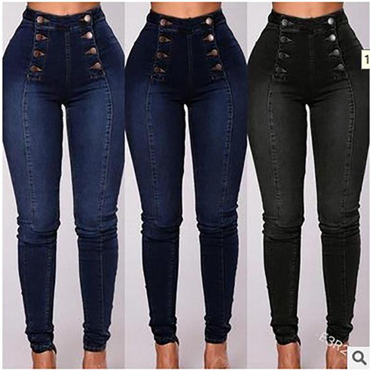 MY OWN STYLE Casual denim broek met hoge taille voor dames, elastisch, trendy met meerdere gespen, jeans met dubbele rij knopen, lange broek, comfortabel en rekbaar XXL lichtblauwe kleur