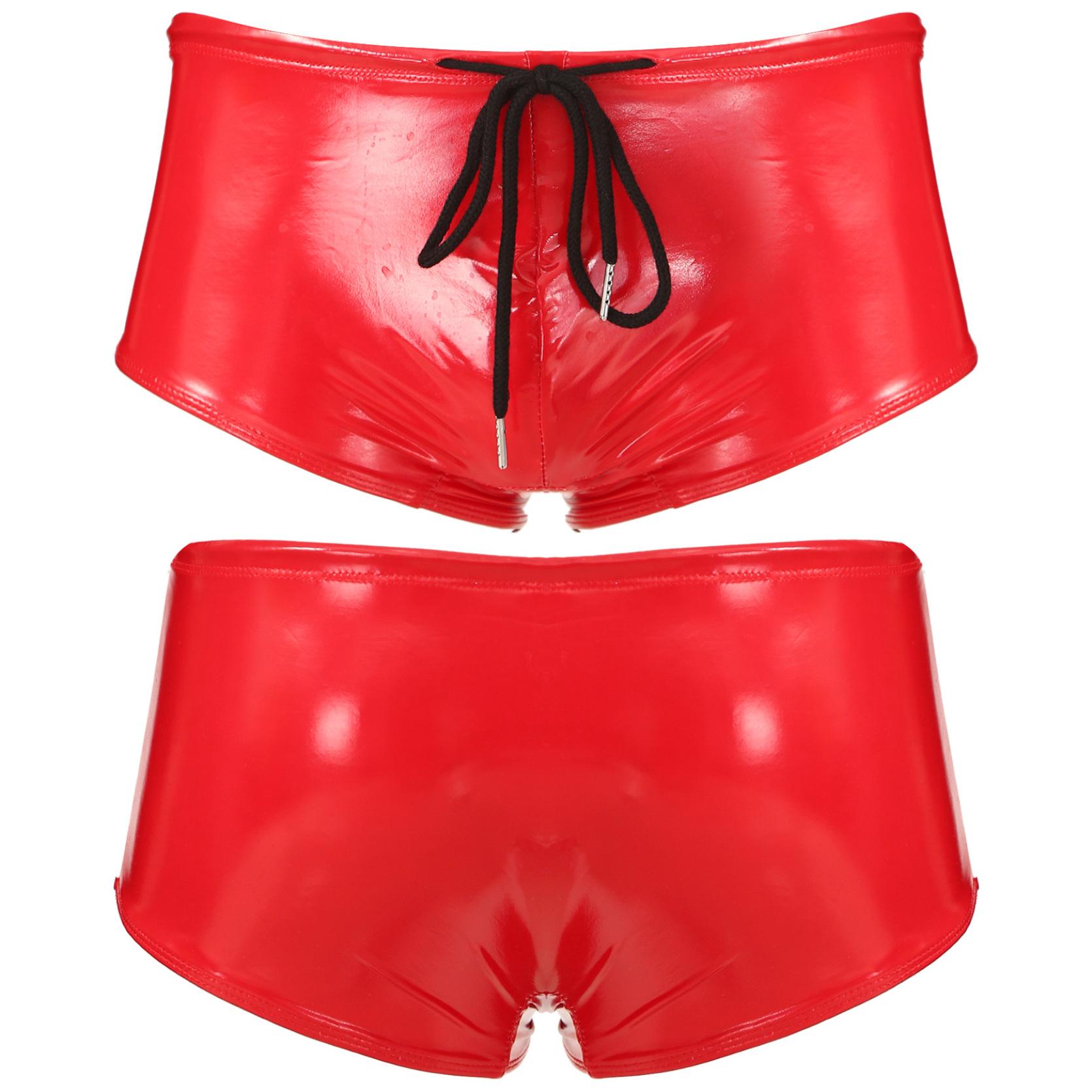 IEFiEL Heren Wet Look Patent Leather Zwembroeken Lage Taille Trekkoord Boxershorts Zwemkleding XL rood