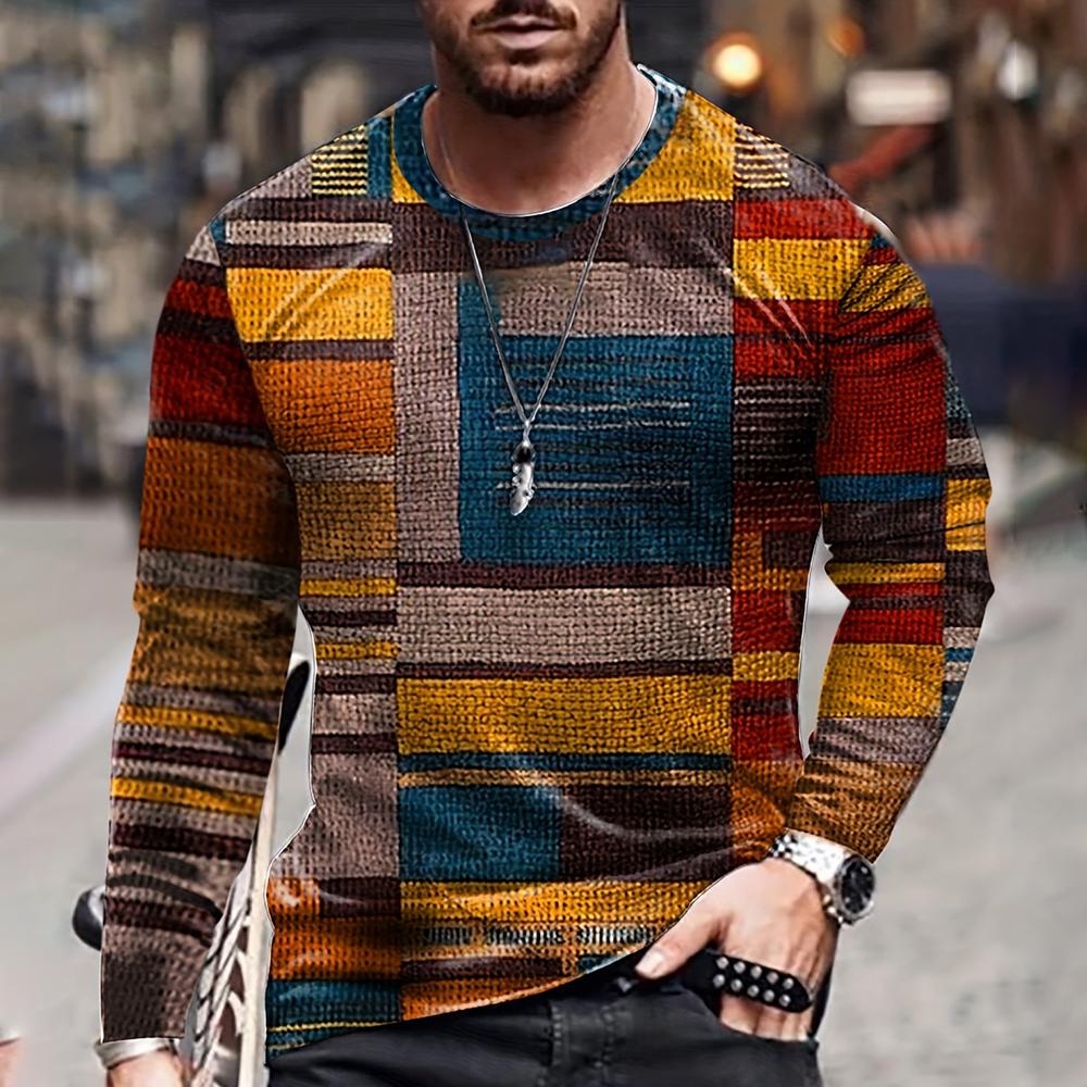 Wendy 3 Color Blocking Driedimensionale bedrukking Heren Herfst en Winter Losse ronde hals Lange mouwen Casual overhemd Oversized Retro Kleding 6XL