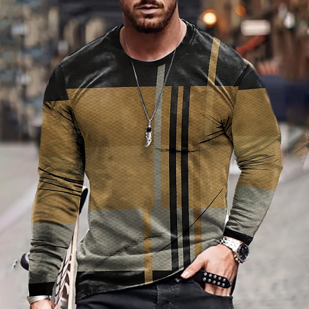 Wendy 3 Color Blocking Driedimensionale bedrukking Heren Herfst en Winter Losse ronde hals Lange mouwen Casual overhemd Oversized Retro Kleding 4XL