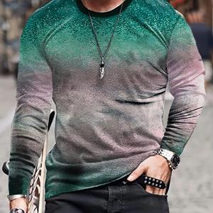 ETST 007 Heren 3D-geprint gradi&euml;nt T-shirt met lange mouwen Lente- en herfstmode Casual Retro-stijl Oversized ronde hals T-shirts Tops 4XL