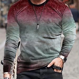 ETST 007 Heren 3D-geprint gradi&euml;nt T-shirt met lange mouwen Lente- en herfstmode Casual Retro-stijl Oversized ronde hals T-shirts Tops 4XL