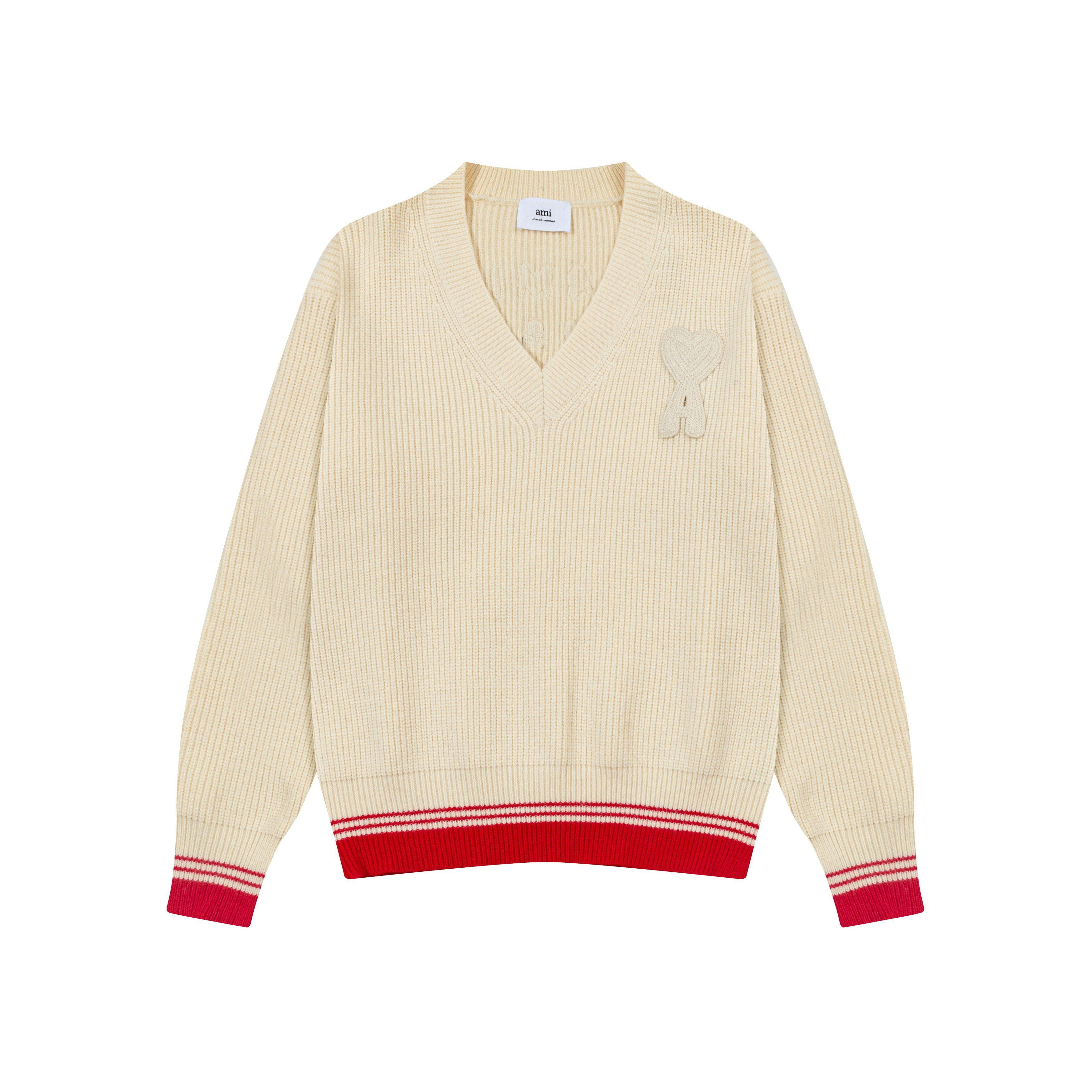 AMI Nieuwe Herfst- en Winter Gebreide Gestreepte V-hals Pullover, Lange Mouwen met Hartvormig Tekstlogo, Gebreid Schapen Trui Jasje L