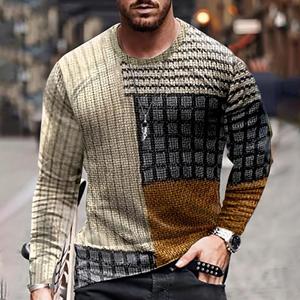 Wendy 3 Color Blocking Driedimensionale bedrukking Heren Herfst en Winter Losse ronde hals Lange mouwen Casual overhemd Oversized Retro Kleding 5XL