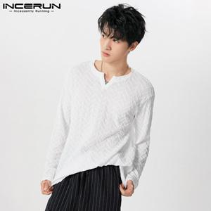 INCERUN Lente Heren V-hals Lange Mouw Textuur Tops Oversized T-shirts XL
