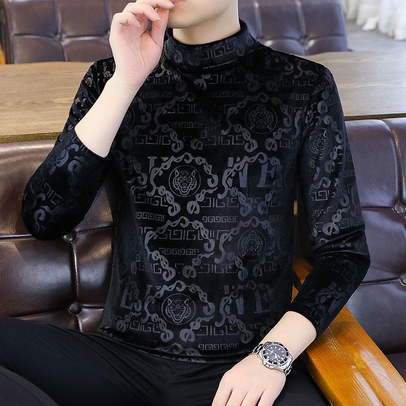 VantaGoods Trendy gouden fluwelen sweatshirt met lange mouwen voor heren - dik, warm, herfst/winter T-shirt met halfhoge kraag 3XL (160-180 jin)