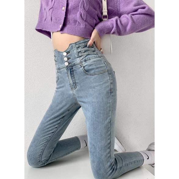 Fashion bag01 Skinny Pencil Jeans Vier Knopen Vintage Hoge Taille Vrouwen Slim Stretch Denim Broek Strakke Broeken Dames Broeken S
