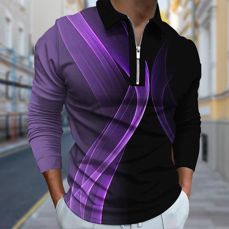 3D Custom Clothing Poloshirts Heren Lange Mouw Gedraaide Lijnen Print Nieuw Heren Poloshirt Lange Mouw Rits T-shirt Top 2XL