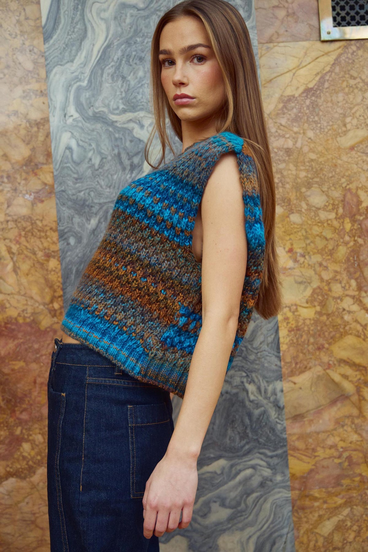 Noella Gio Knit Vest Turquoise Brown Mix