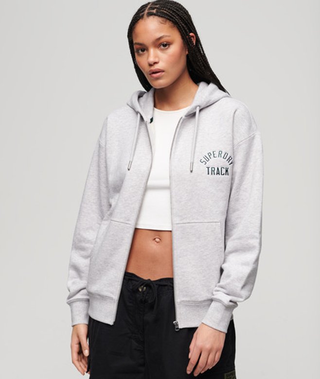 Superdry Boyfriend Hoodie met College-logo en Rits Lichtgrijs